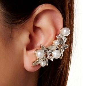 T+J Designs Gold Tone Faux Pearl & Rhinestone Ear Climber Earrings Set *NEW*